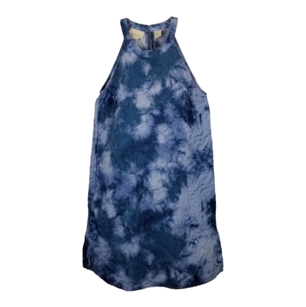 Cynthia Rowley 100% Linen Sleeveless Summer Dress Mini High Neck Print Tie Dye